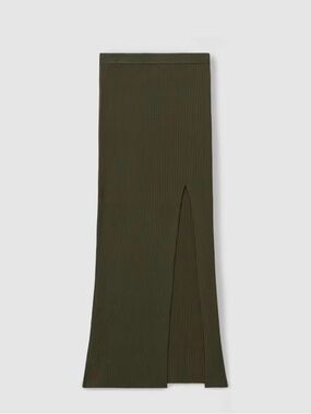 Good American Olive Ribbed Midi Skirt with Front Slit